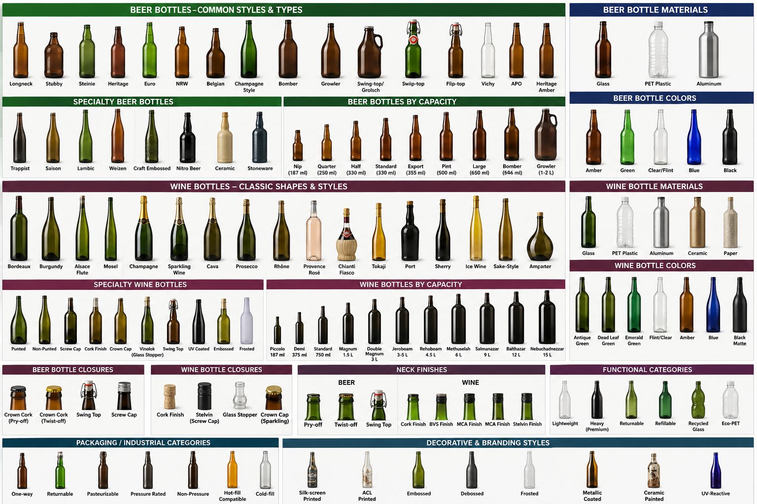 Bottle formats, capacities, and closure reference chart